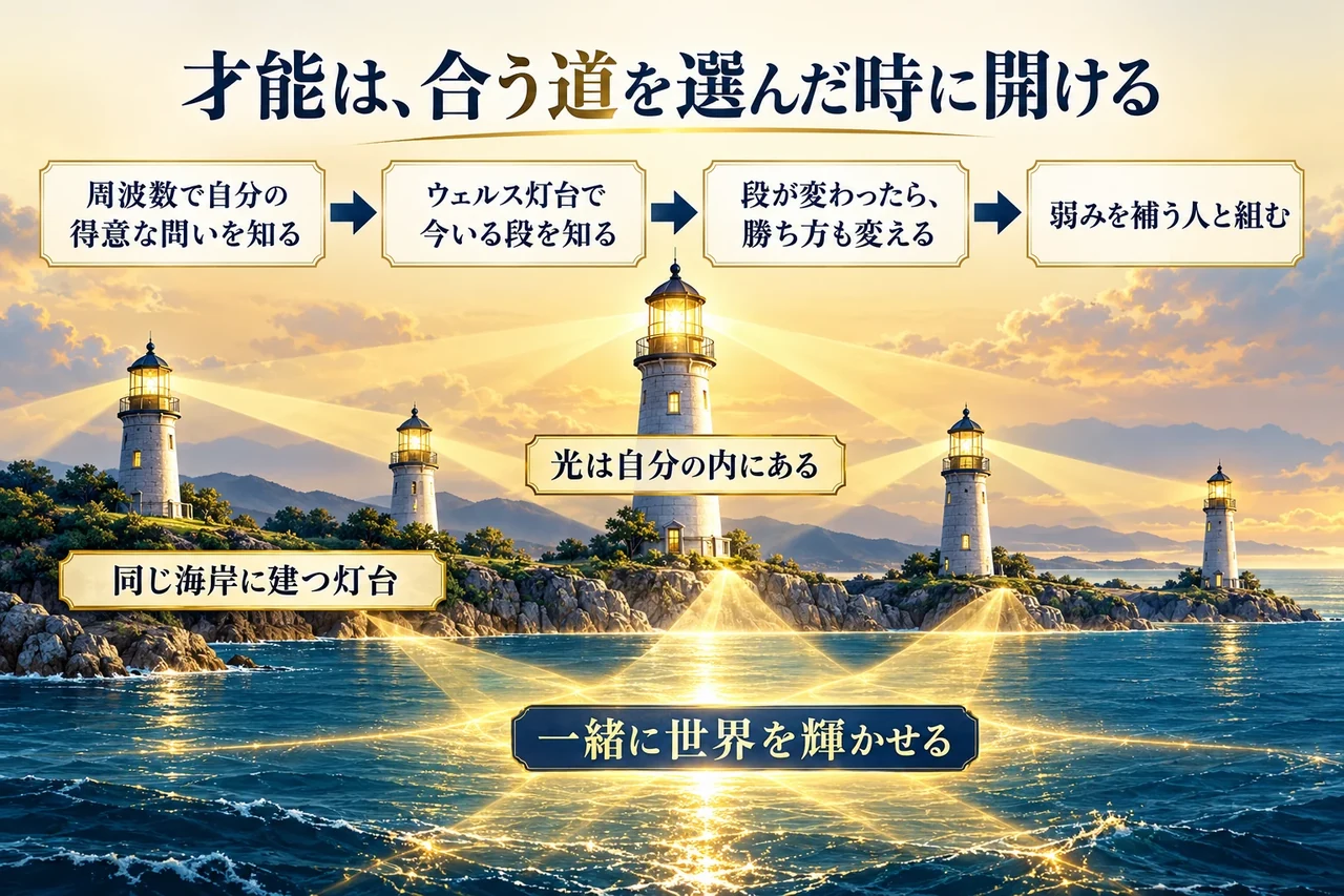 夕暮れの同じ海岸に複数の灯台が並び、それぞれの内側から光が出て海を照らし合う風景に、周波数で得意な問いを知る、ウェルス灯台で今いる段を知る、段が変わったら勝ち方も変える、弱みを補う人と組むという流れを矢印で重ねたまとめの図。