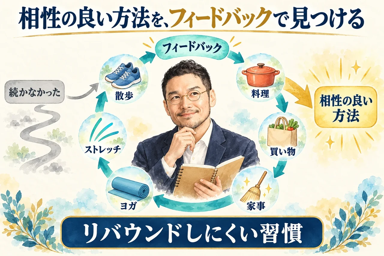 丸く細い金縁メガネに口ひげとあごひげ、短い黒髪の男性をやわらかいイラストで中央に描き、その周りを散歩・料理・買い物・家事・ヨガ・ストレッチの小さな絵とフィードバックの矢印が一周し、左の続かなかったから右の相性の良い方法へ移る流れと、リバウンドしにくい習慣を示したコラムの図。
