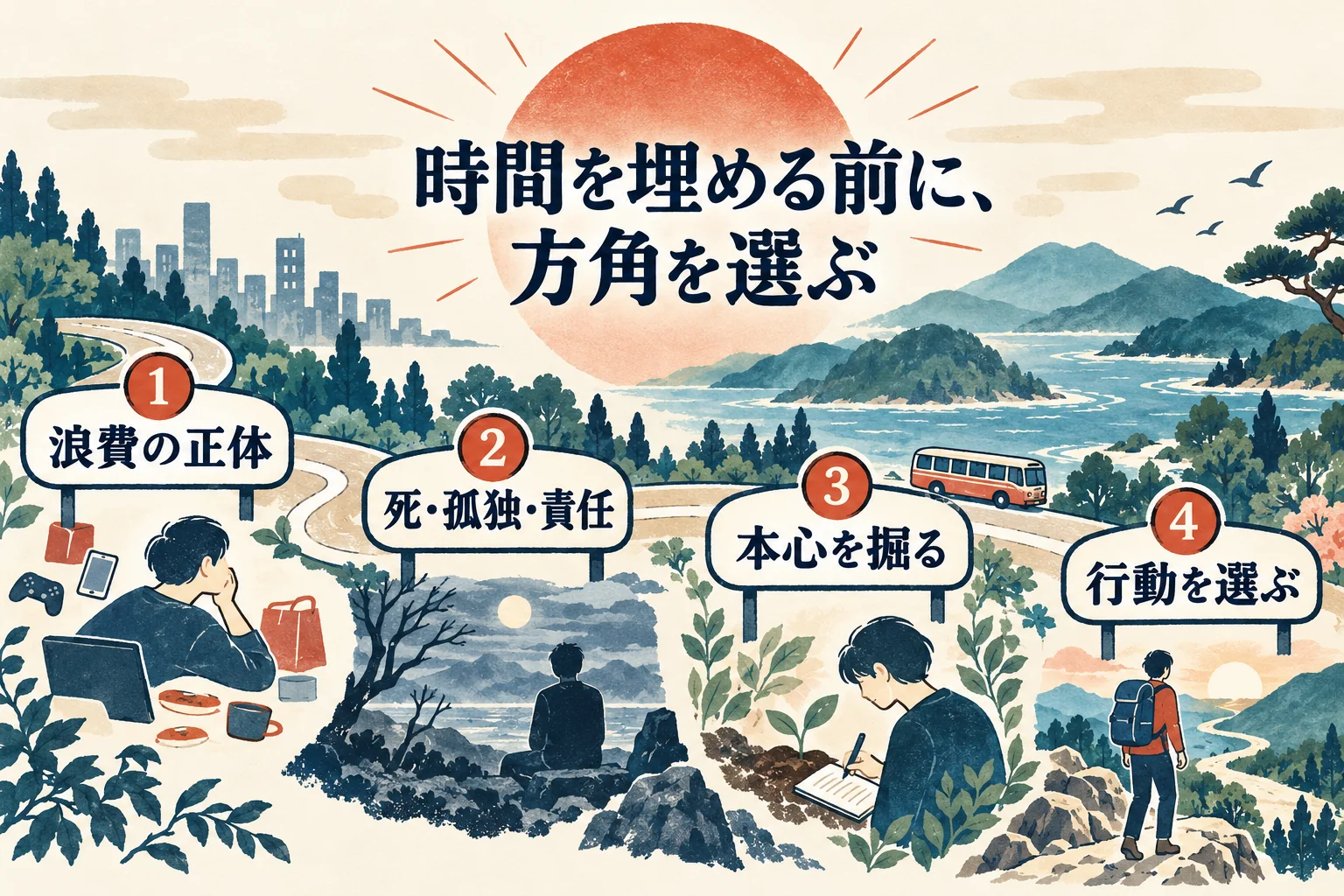 本の全体像。浪費の正体から死・孤独・責任、本心、行動へ進む道