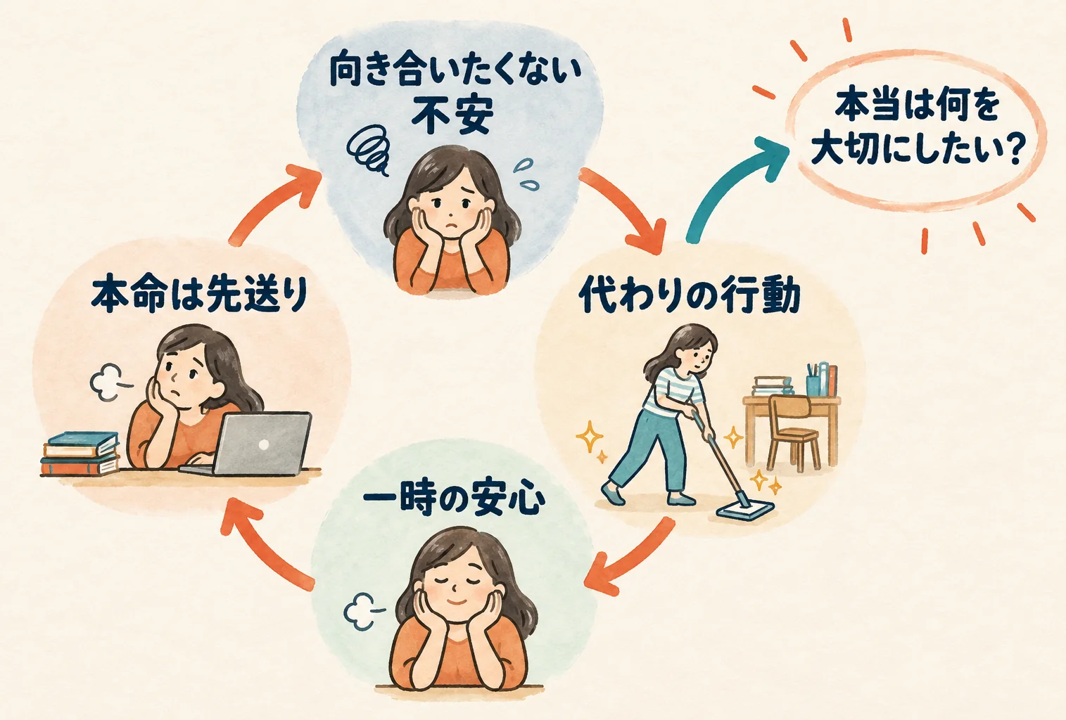 不安から代わりの行動を選び、本命を先送りする循環