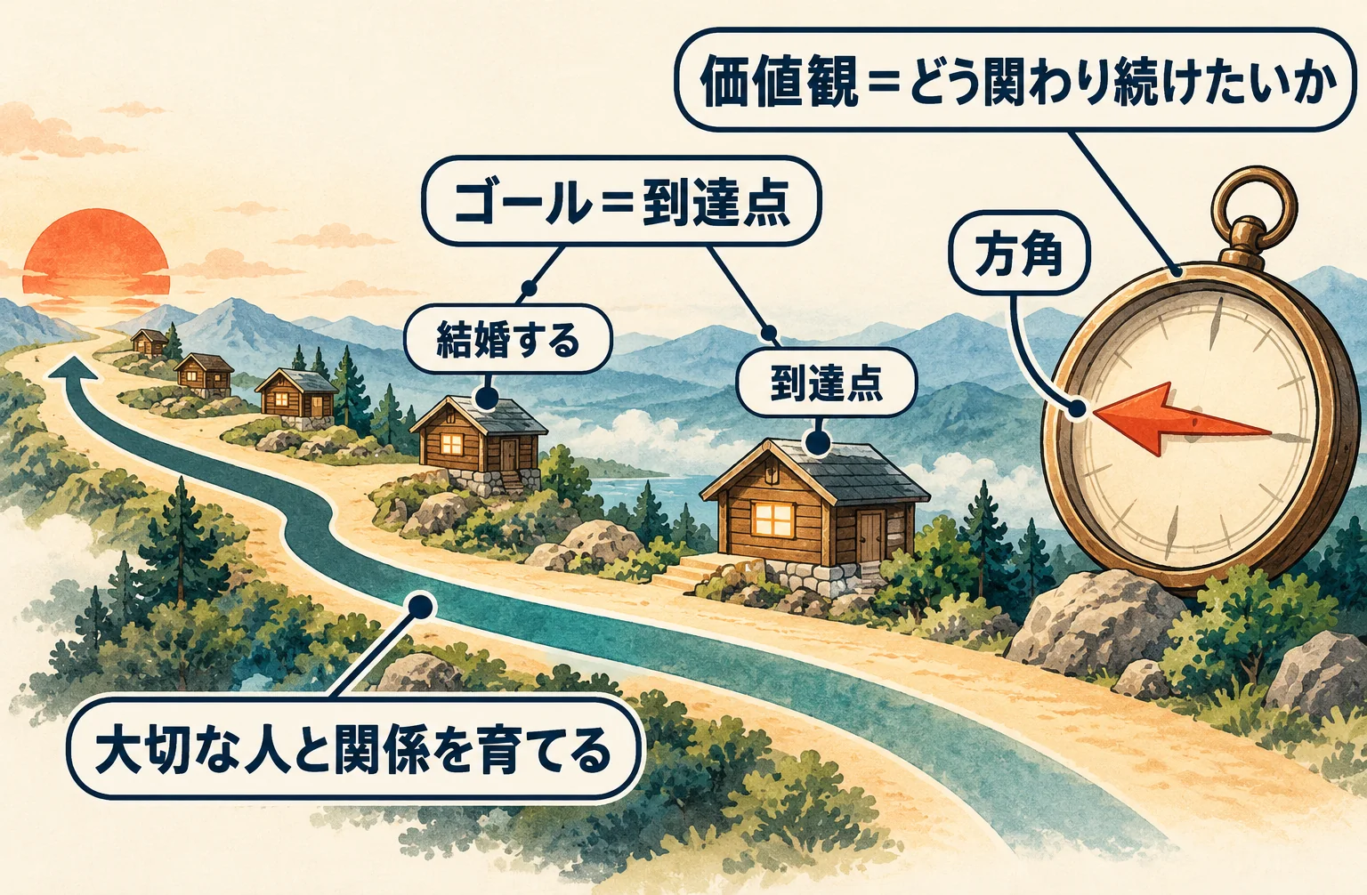 価値観は進む方角で、ゴールは途中の到達点。二つを分ける図