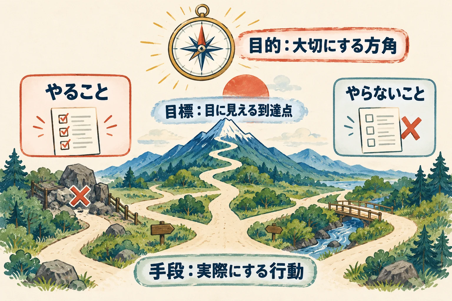 目的・目標・手段を分けると、道を変更しても方角を保てる