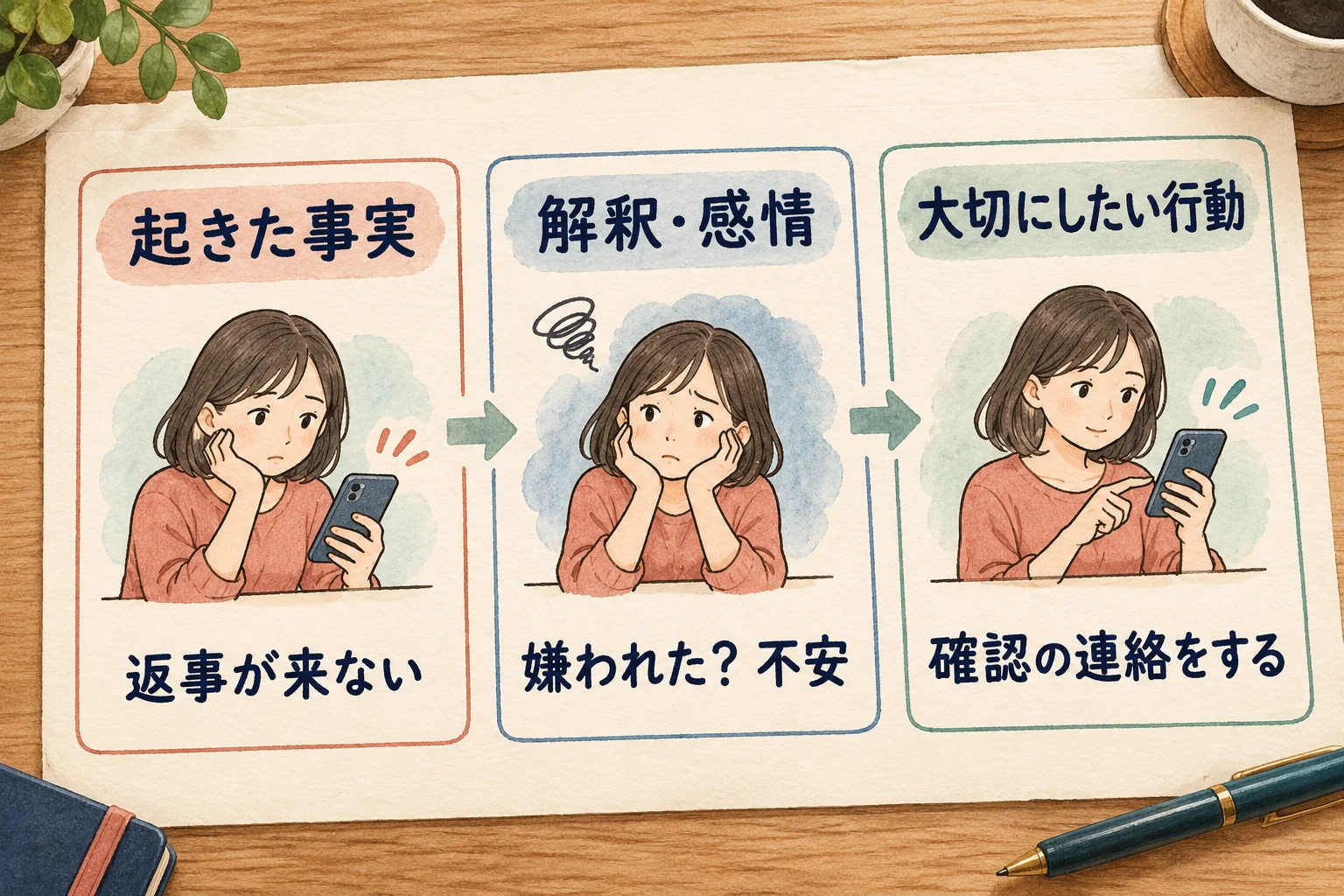 一つの出来事を、事実・解釈と感情・大切にしたい行動に分けて書く