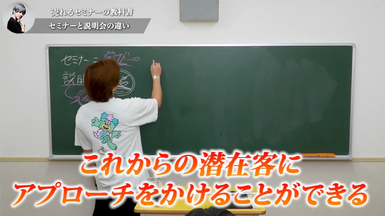 動画キャプチャ: 黒板に「セミナー」「学び」「説明会」が書かれ、テロップに「これからの潜在客にアプローチをかけることができる」と出る場面の画面（4:06頃）