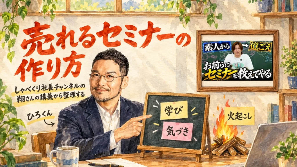 アイキャッチ: 卓上黒板の「学び」「気づき」を指すひろくんと、焚き火。壁の額縁に動画のサムネイル