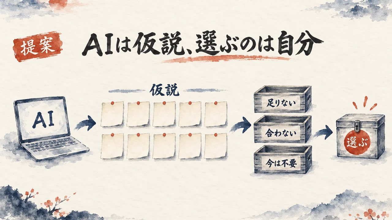 図解（提案）: ノートPCのAIが出した10枚の付箋（仮説）を、足りない・合わない・今は不要の3つの箱に分け、選ぶのは自分の鍵付きの箱