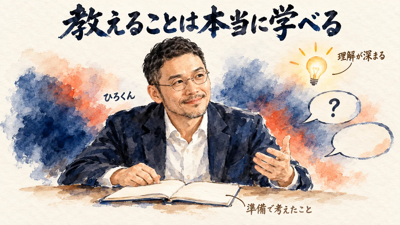 上に大きな筆文字の題「教えることは本当に学べる」。丸い眼鏡をかけて口ひげとあごひげのある男性が、机の上に開いたノートを前に、顔を上げて穏やかに話している。右には「？」の入った吹き出しと空の吹き出し、その上に光る電球の絵と「理解が深まる」の文字がある。ノートの近くに「準備で考えたこと」、男性の横に小さく「ひろくん」と書かれた絵（AI生成の水彩風。実際の服装や場面を示すものではありません）