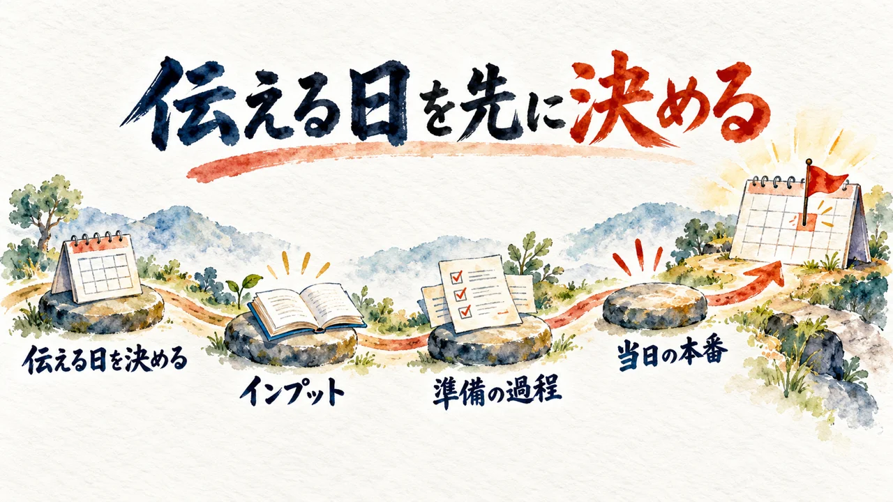 上に大きな筆文字の題「伝える日を先に決める」。その下で、カレンダー、開いた本、チェック欄のある紙、何も載っていない丸い石が、一本の朱色の道に沿って並び、「伝える日を決める」「インプット」「準備の過程」「当日の本番」の手書きの札が付いている。道は右端の、旗が立つ大きなカレンダーへ続くイメージ図（AI生成の水彩風。実際の場面を示すものではありません）