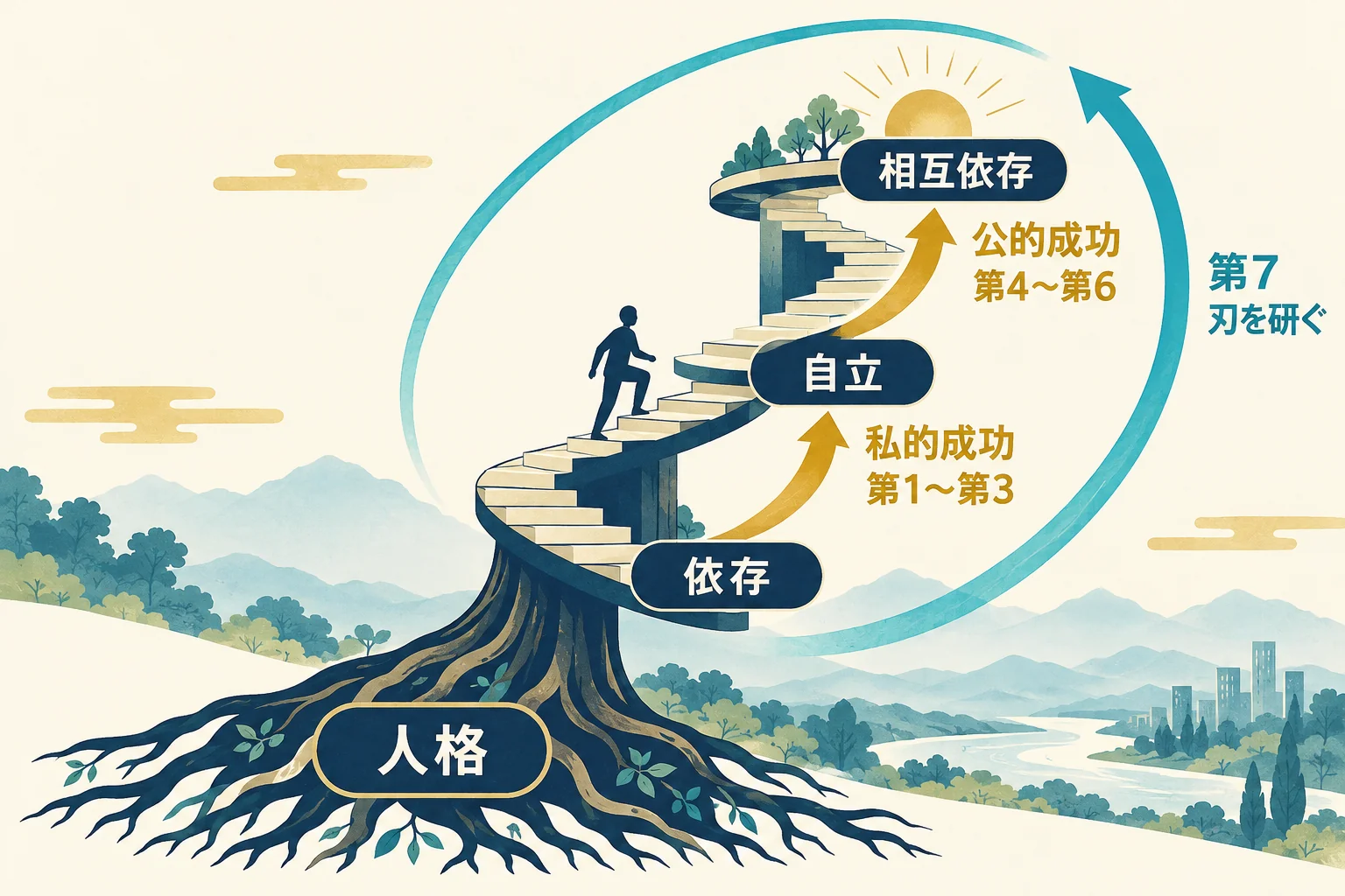依存から自立、相互依存へ登る螺旋階段で、7つの習慣の全体像と順番を示す図