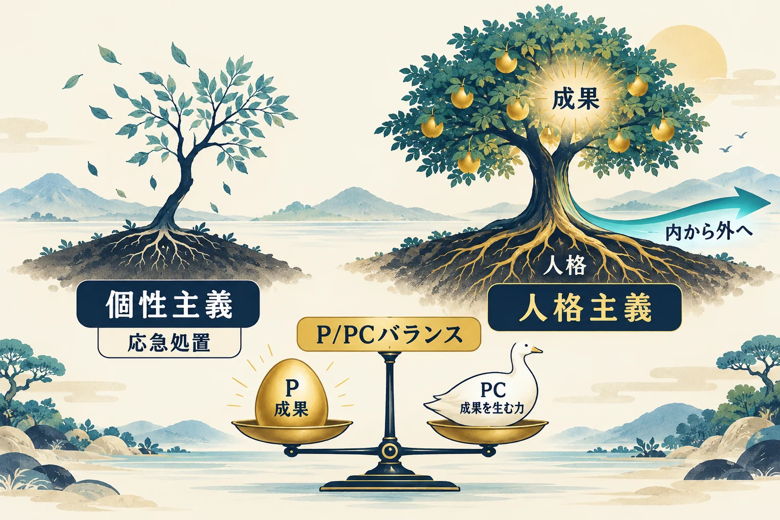 個性主義の木と人格主義の木を左右に並べ、P/PCバランスと内から外への変化を示す図