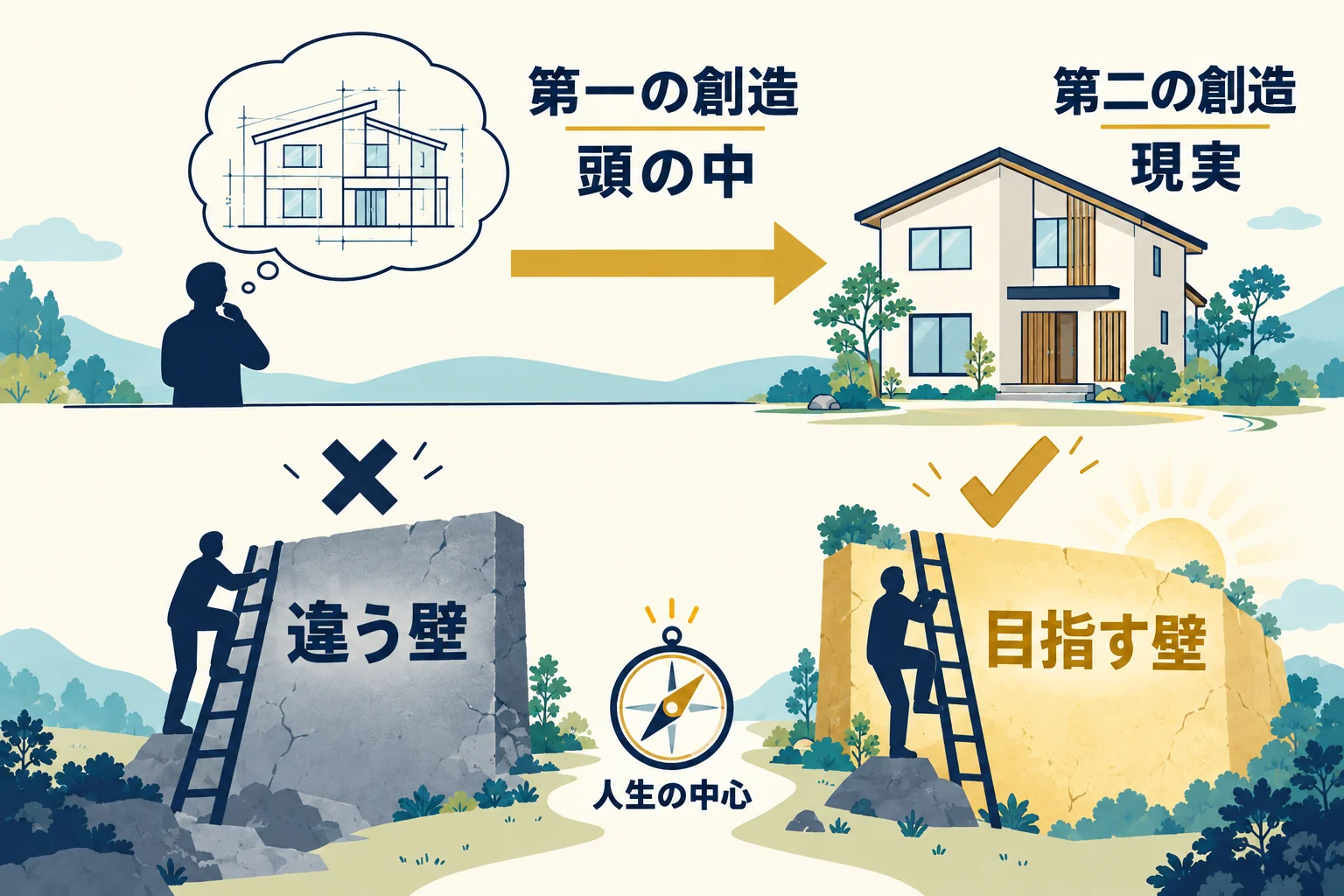 頭の中の設計図と完成した家で二度の創造を、正しい壁と間違った壁の梯子で終わりを思い描く意味を示す図