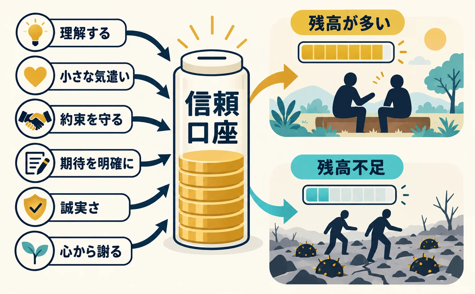 信頼口座への六つの預け入れと、残高が多い時と少ない時の会話の違いを示す図