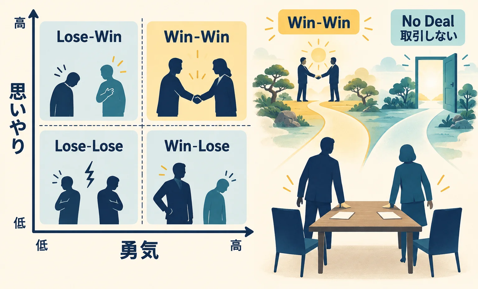 勇気と思いやりの4象限でWin-Winの位置を示し、No Dealという取引しない選択肢を並べた図
