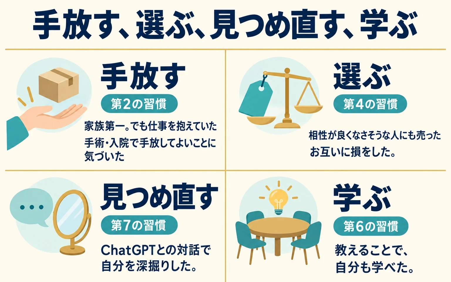 手放す・選ぶ・見つめ直す・学ぶの四つの場面を田の字に分け、仕事、販売、AIとの対話、懇親会の本人の言葉を、本の章ごとに矢印でつながず並べた図