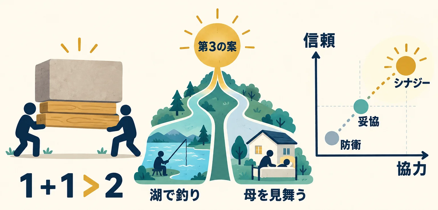 木材を重ねて重さを支える場面と、湖と見舞いの二案から第3の案へ合流する道で、シナジーを示す図