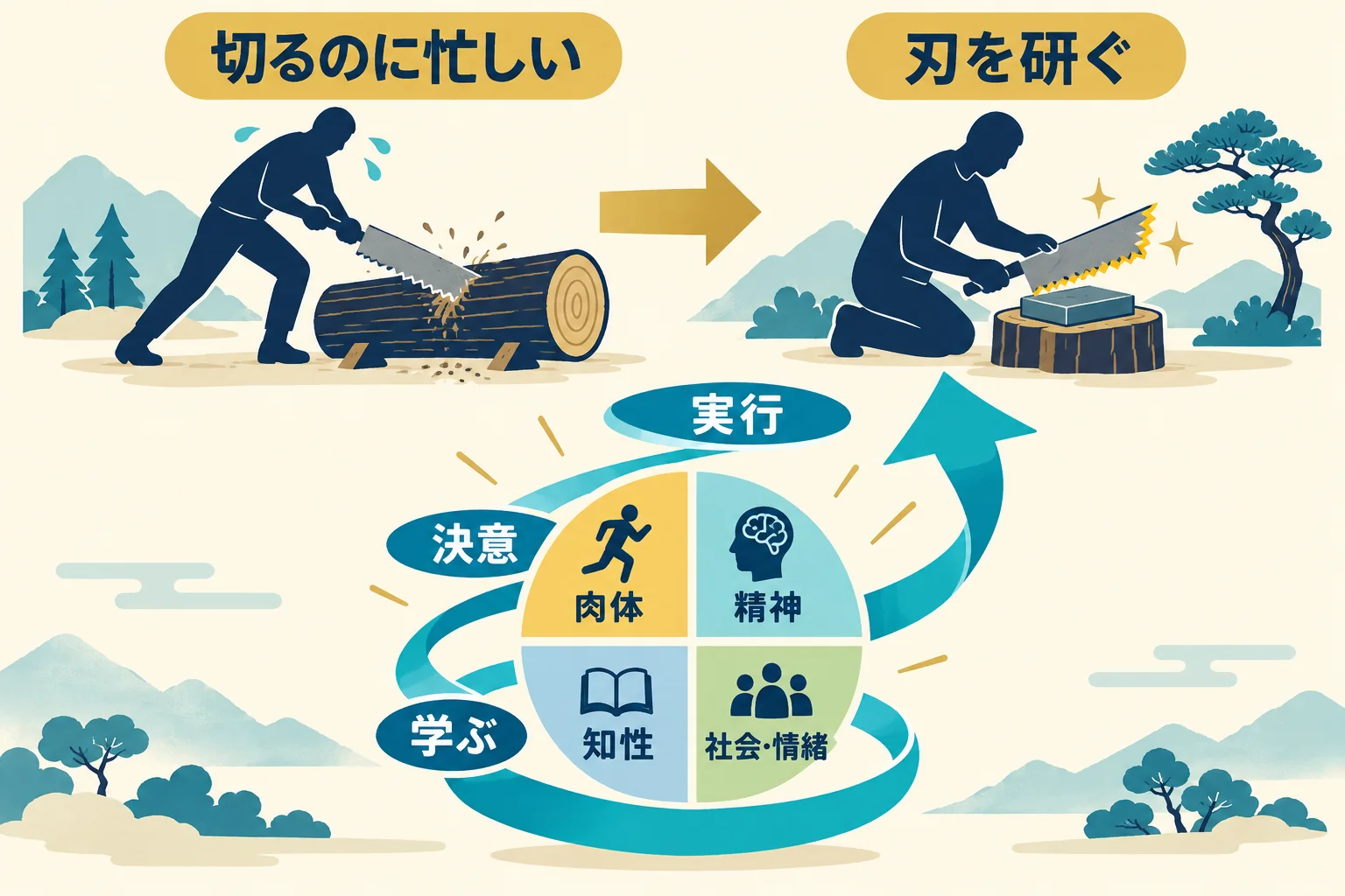 鈍いノコギリで木を切り続ける男と刃を研ぐ場面を比べ、四つの側面と上向きの螺旋を示す図
