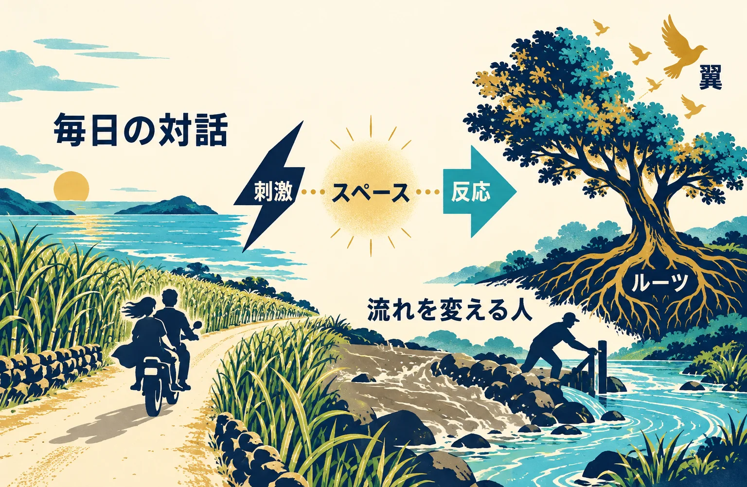 ハワイで毎日バイクに乗って話す夫婦の場面と、根と翼で世代の流れを変える考え方を示す図