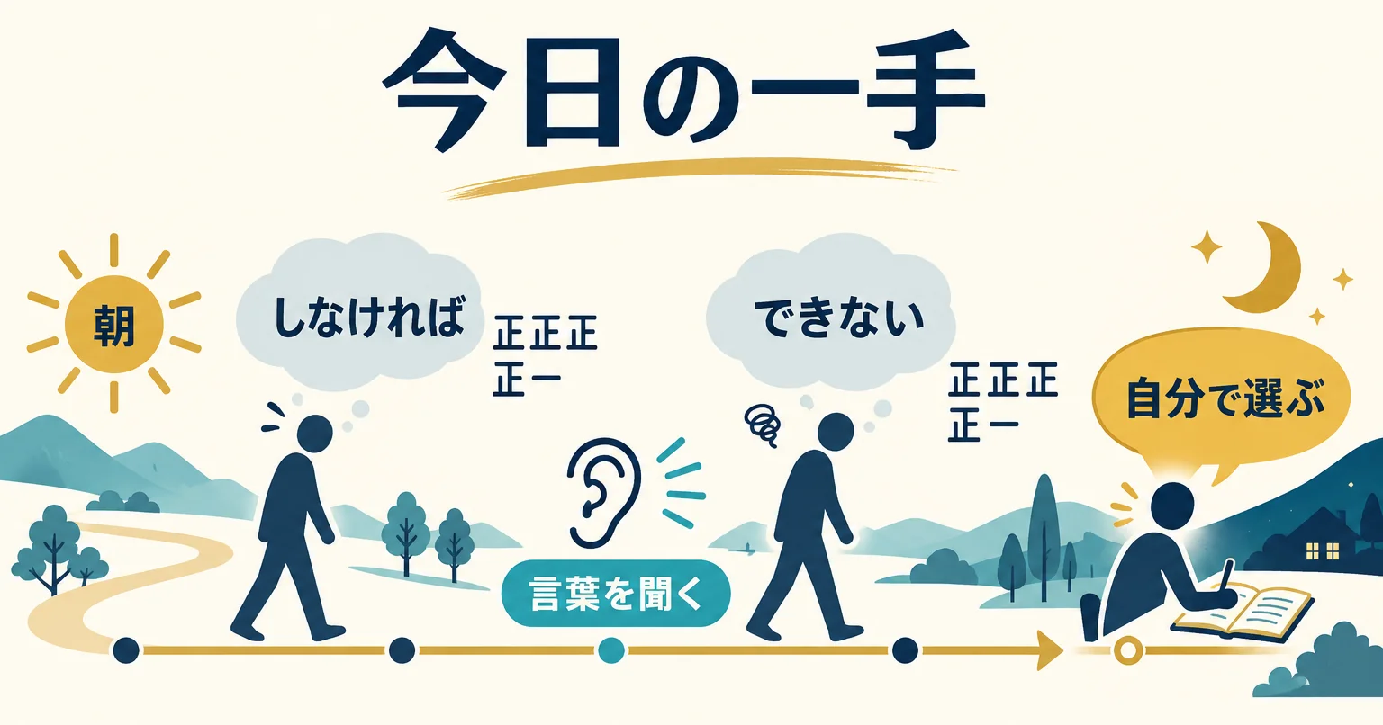 一日の流れの中で反応的な言葉に気づいて数え、夜に言い換える練習を示す図
