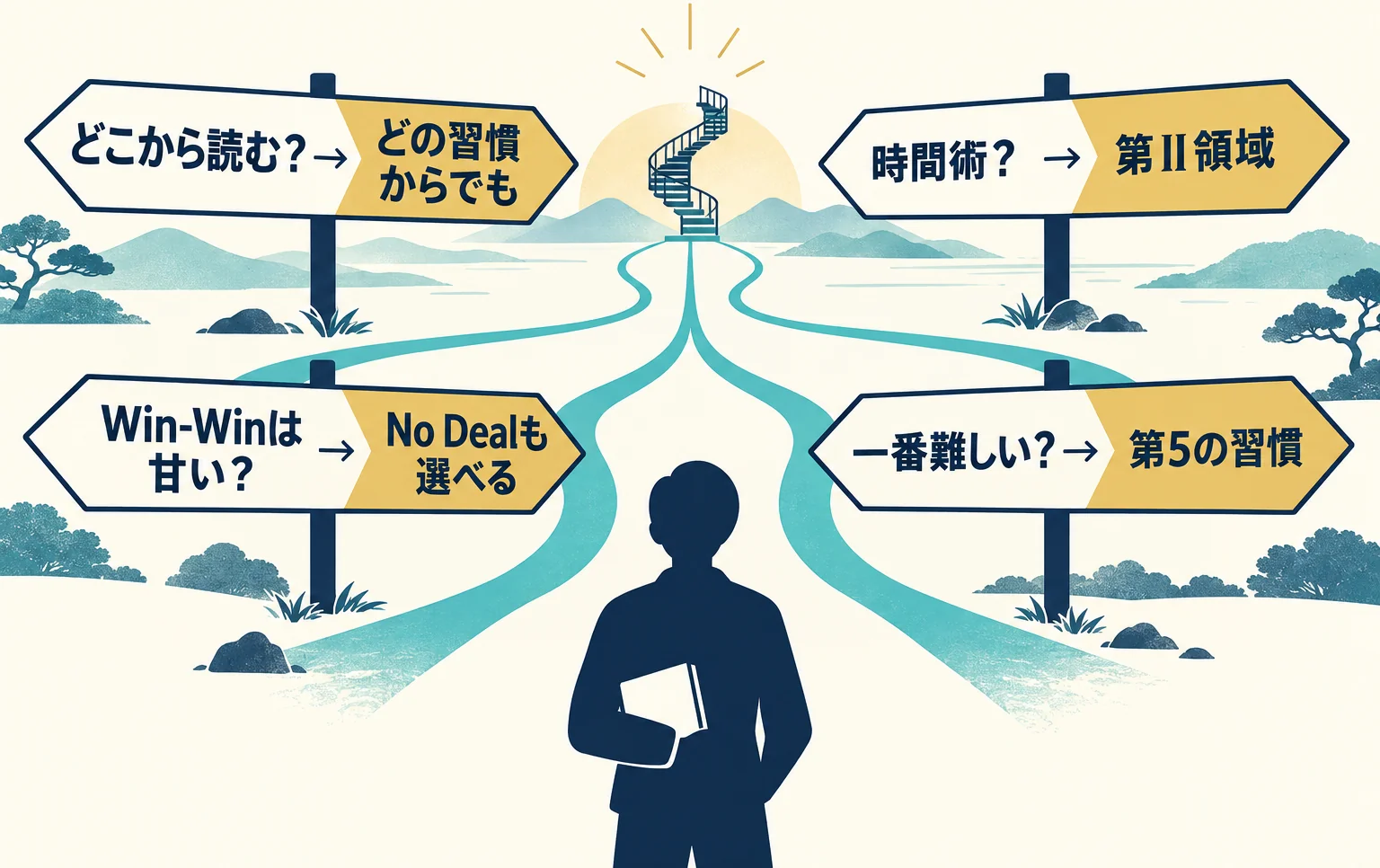 分かれ道に立つ読者と四本の道標で、よくある質問への答えを示す図
