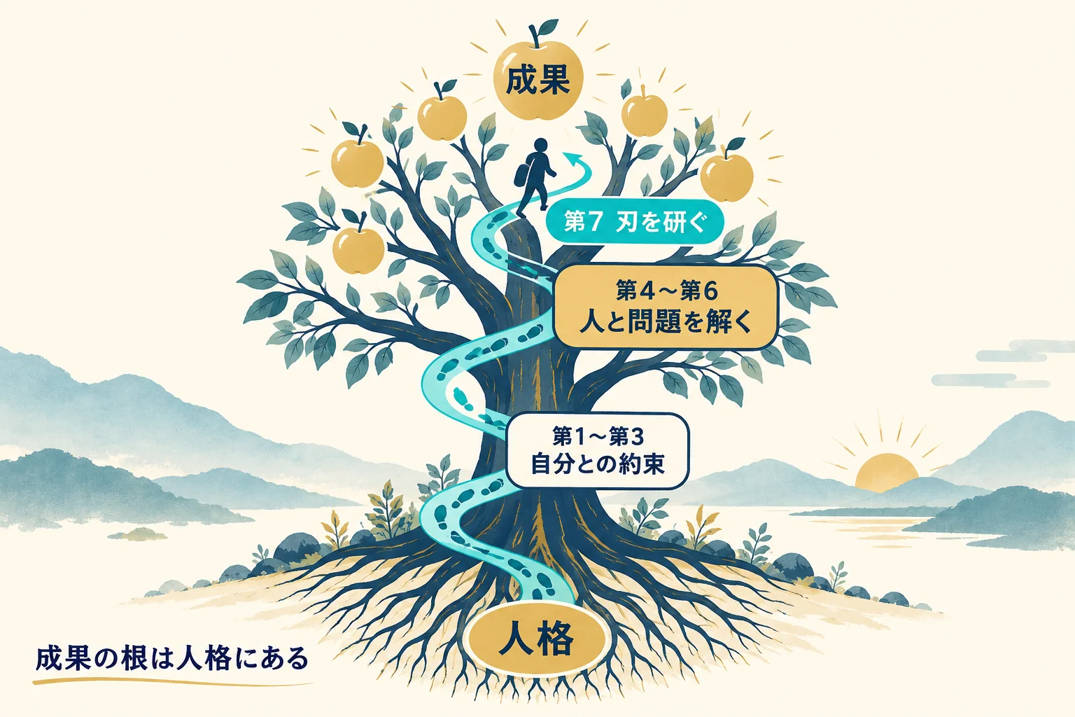 根から実へ伸びる木と螺旋の足跡で、内側から始めて人と結果を出し、刃を研ぎ続ける全体の順番を示す図