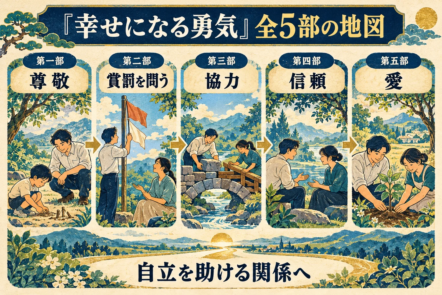 尊敬から始まり、賞罰を問い直し、協力、信頼、愛へ進む本書全5部の地図
