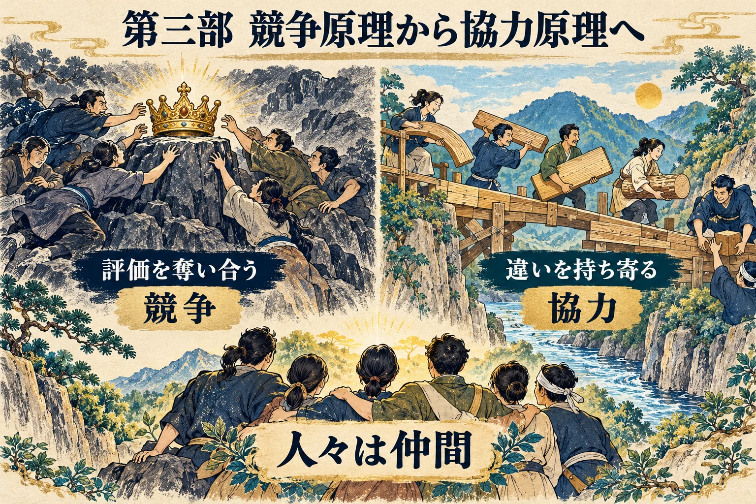 先生の評価を奪い合う競争原理と、互いの違いを生かす協力原理の対比