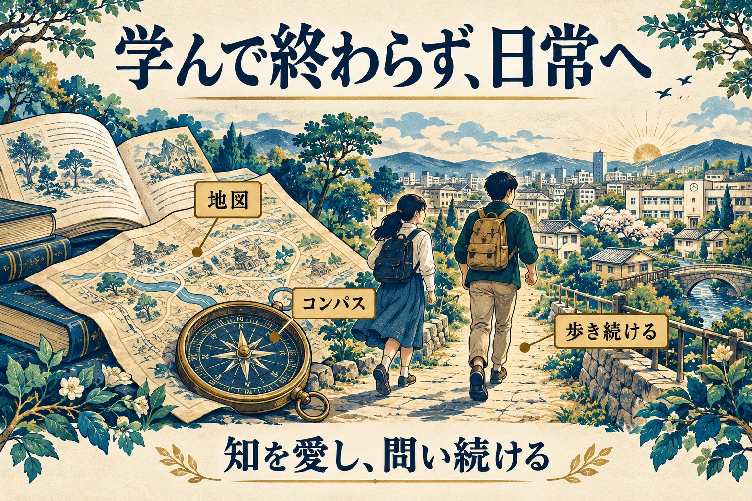 地図とコンパスを手に、学んだ思想を日常で実践し問い続ける人の図