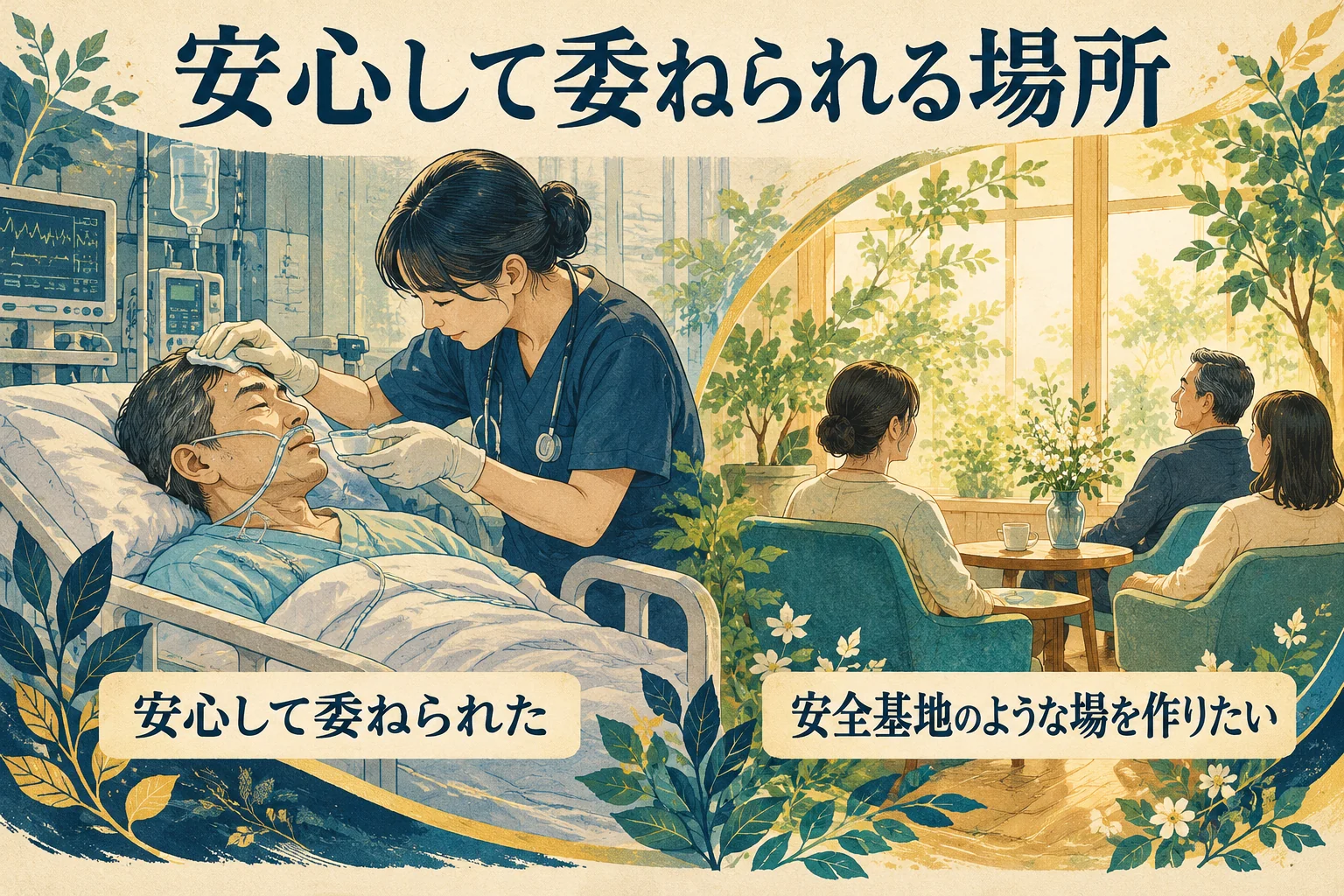 集中治療室で汗を拭いてもらい水を口に含ませてもらう場面と、安心して委ねられる場への思い