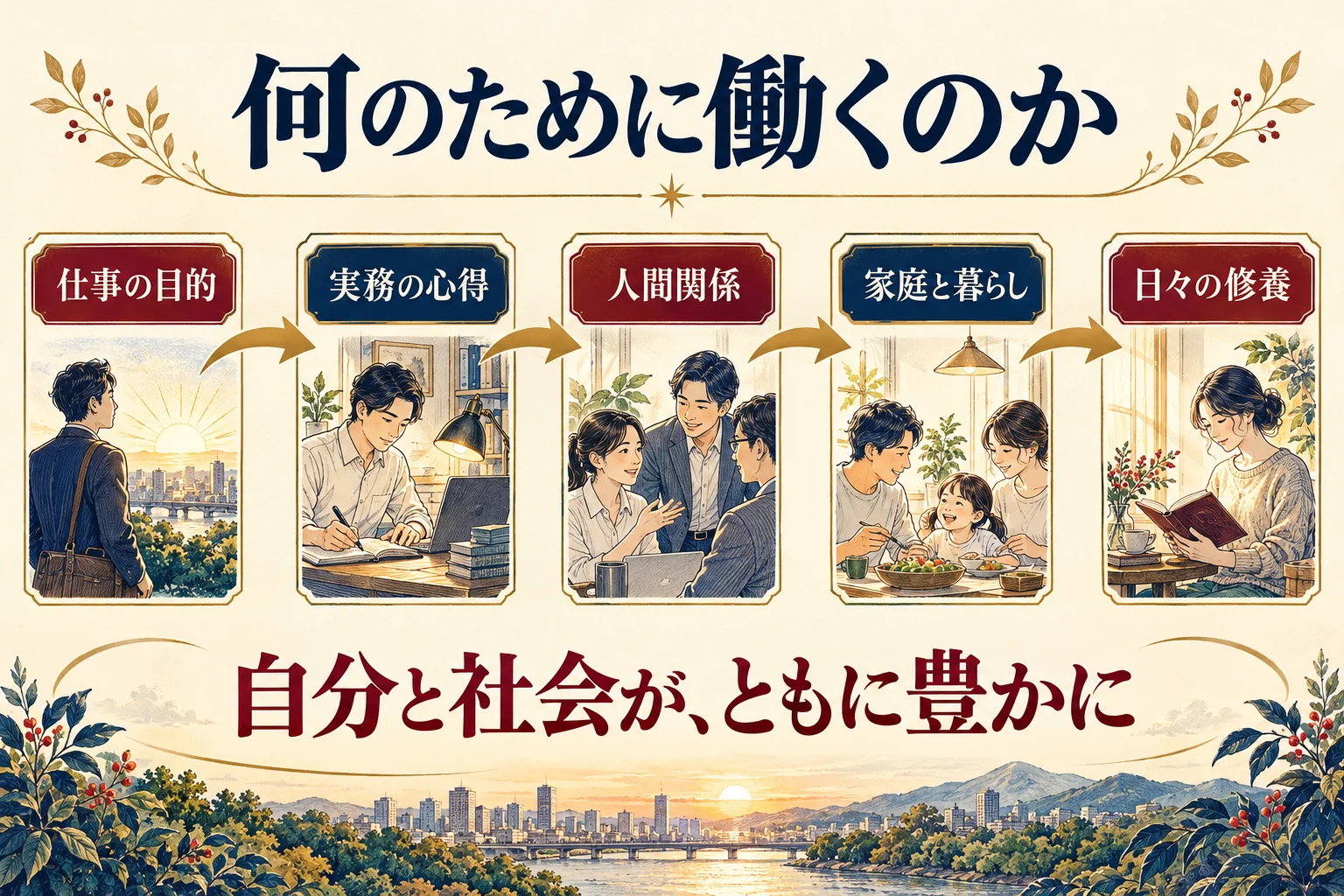 全5章の地図。仕事の目的から実務、人間関係、家庭と暮らし、日々の修養へ進む