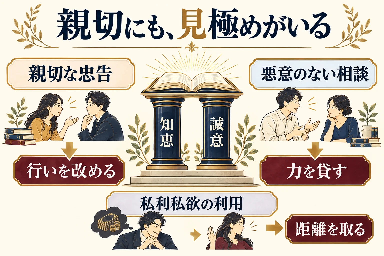 第3章。親切と忠告、誠意と知識、悪意のある利用を避ける判断を並べる