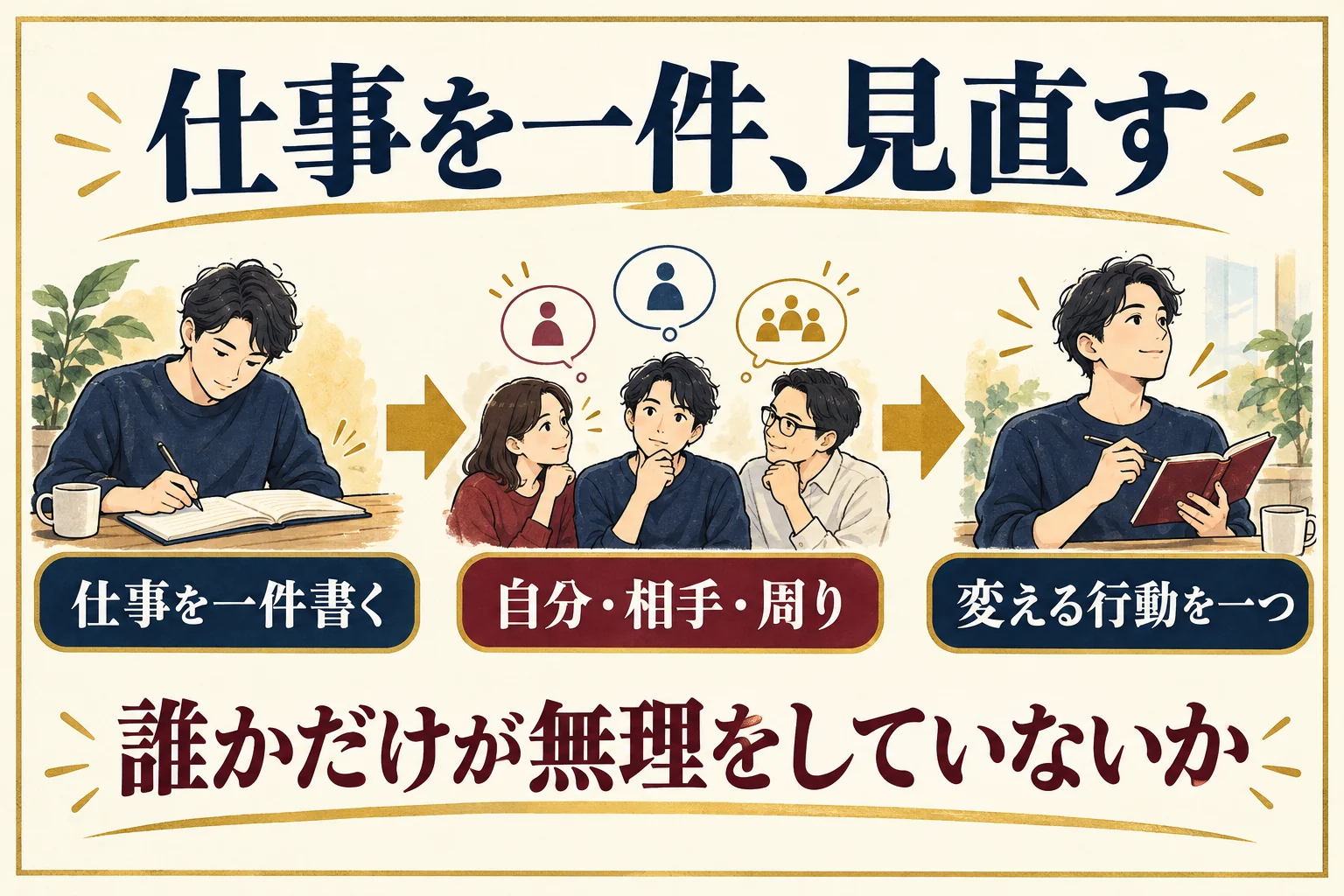 実践。いまの仕事を一件書き、自分と相手と周りへの影響を確かめ、変える行動を一つ決める