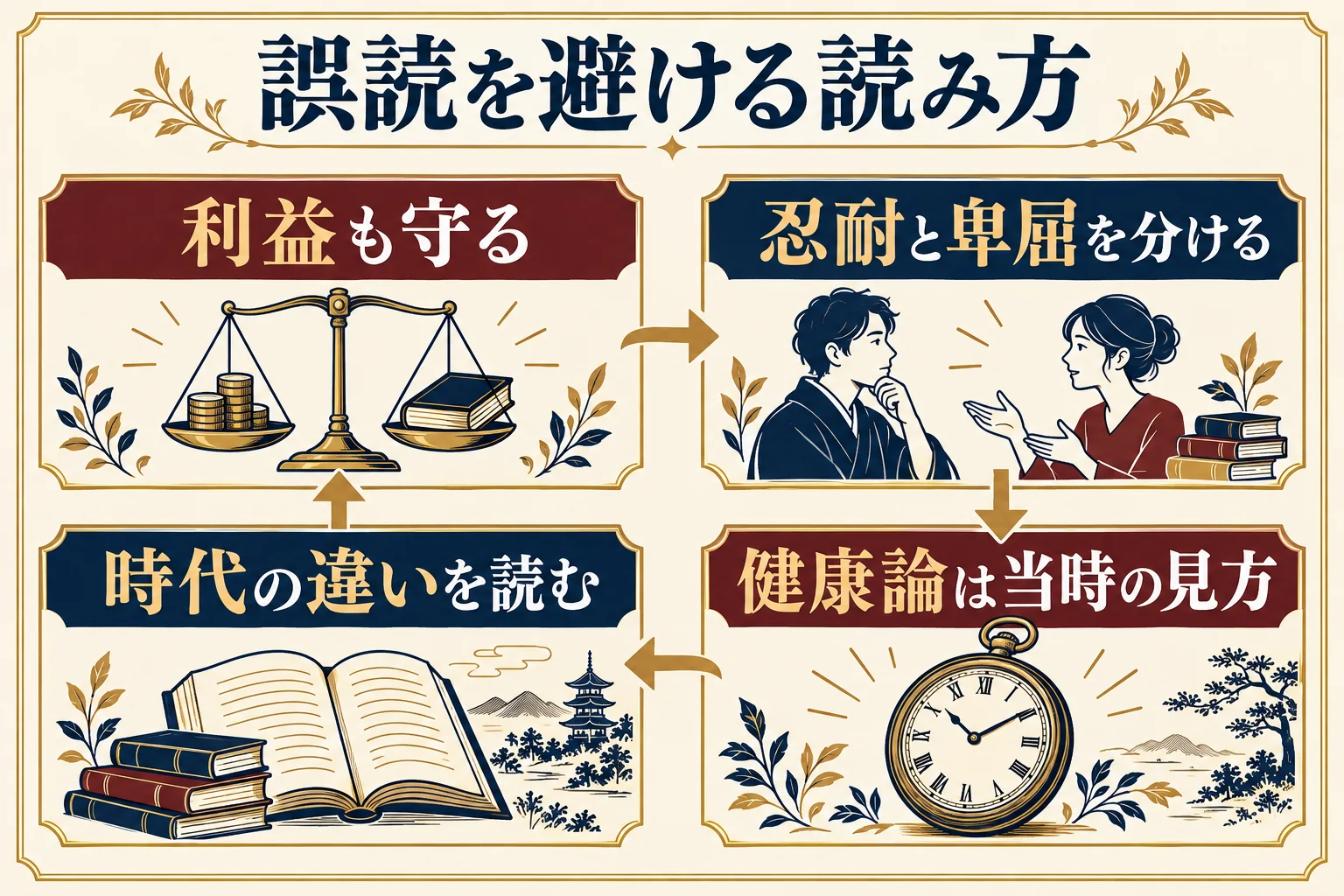 本の読み方。利益は否定しない、我慢と卑屈を分ける、時代背景を読む、健康論を現代の助言にしない