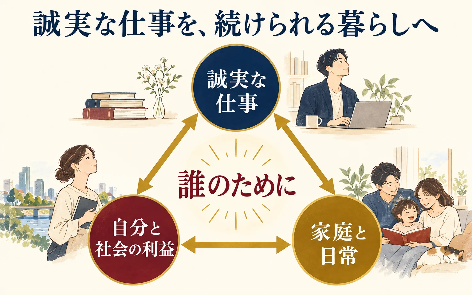 まとめ。誠実な仕事、自分と社会の利益、家庭と日常の手入れが支え合う