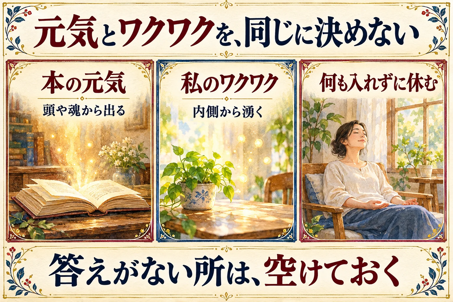 元気とワクワクを同一視せず、本人の心身の状態と答えのない部分を残す。右の人物は本も画面も見ずに休む