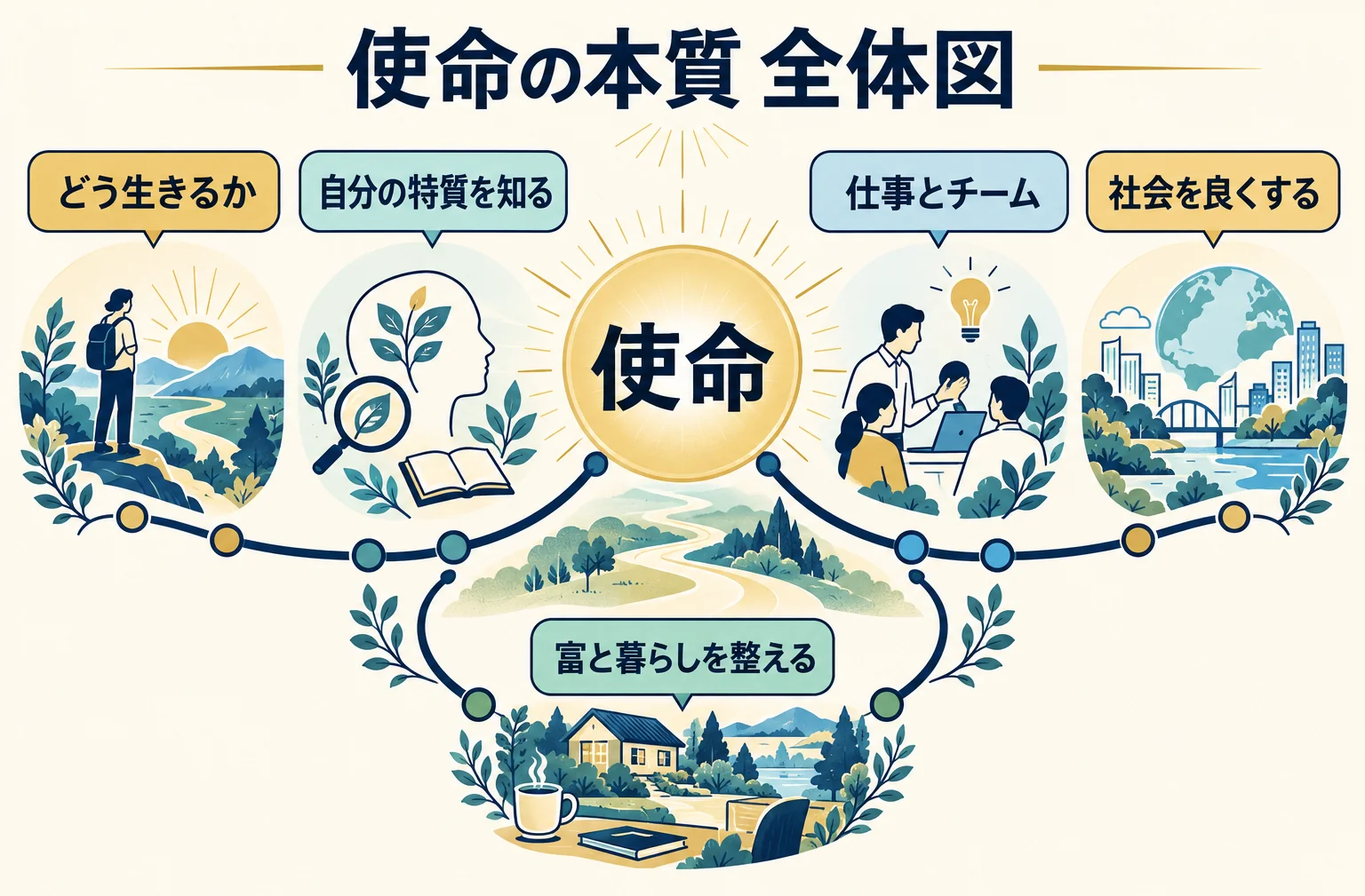 使命を中心に、どう生きるか、自分の特質、チーム、社会、暮らしをつなぐ全体図