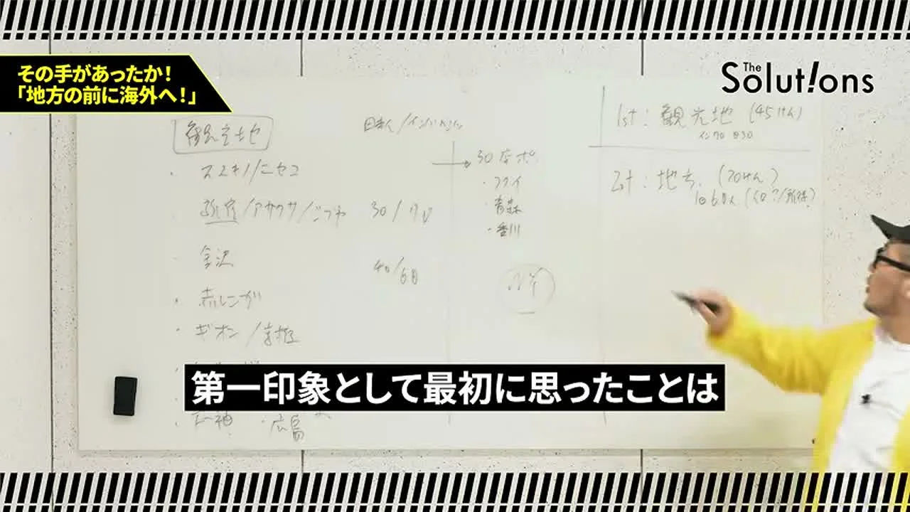 動画キャプチャ: ホワイトボードに、1stは観光地、2ndは地方と書かれた場面(11:40頃)