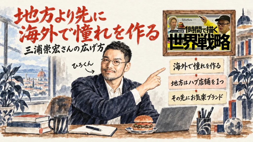 地方より先に海外で憧れを作る、三浦崇宏さんの広げ方、と筆文字で書かれた机の前で、ひろくんが壁の付箋を指している。付箋は、海外で憧れを作る、地方はハブ店舗を1つ、その先にお気楽ブランド。壁に動画のサムネイル