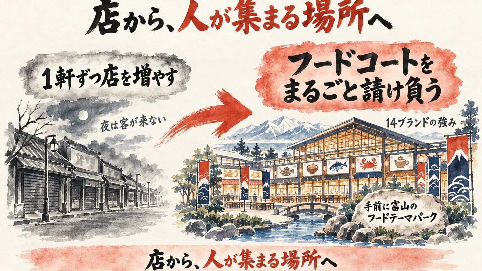 1軒ずつ店を増やすと夜は客が来ない、フードコートをまるごと請け負う、手前に富山のフードテーマパーク、という変化を左右で描いた図解