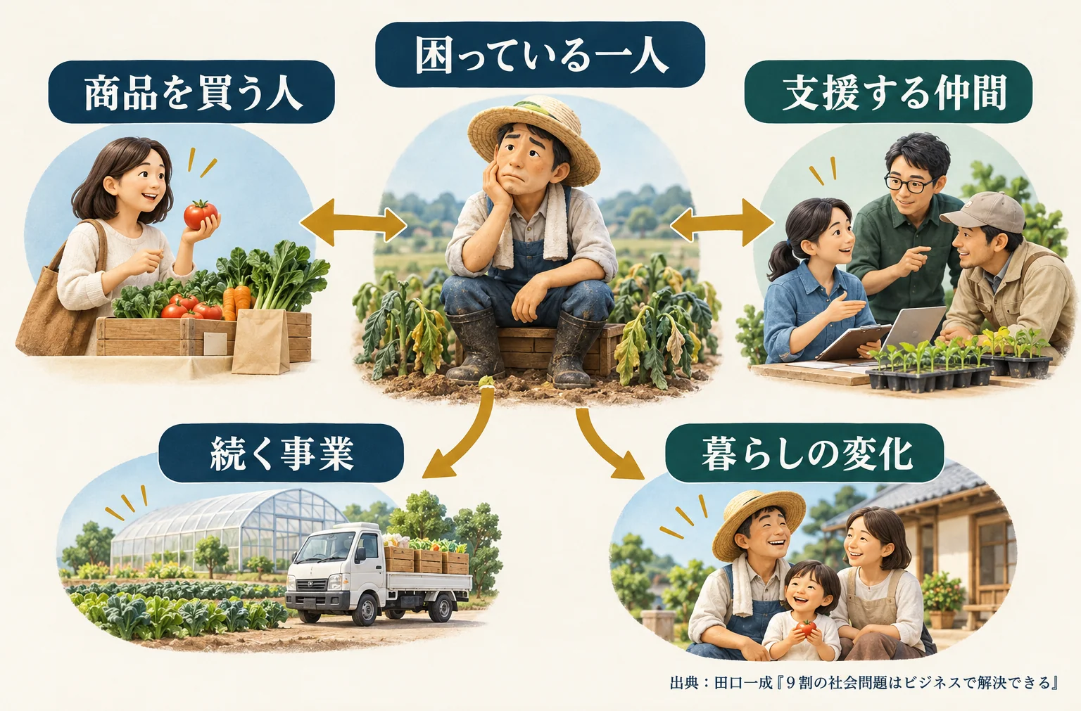 社会問題を事業で解く全体像。困る人から始め、事業と相互扶助で解決を続ける