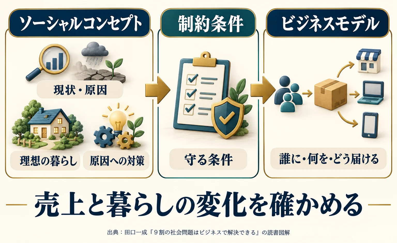 ソーシャルコンセプトから制約条件を経てビジネスモデルへ。原因と対策を一対にする