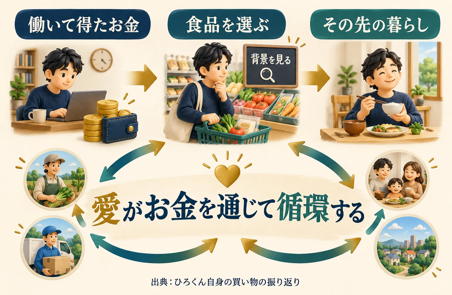 働いて得たお金と食品、その先の暮らしの循環。商品を選ぶ時に背景も見る