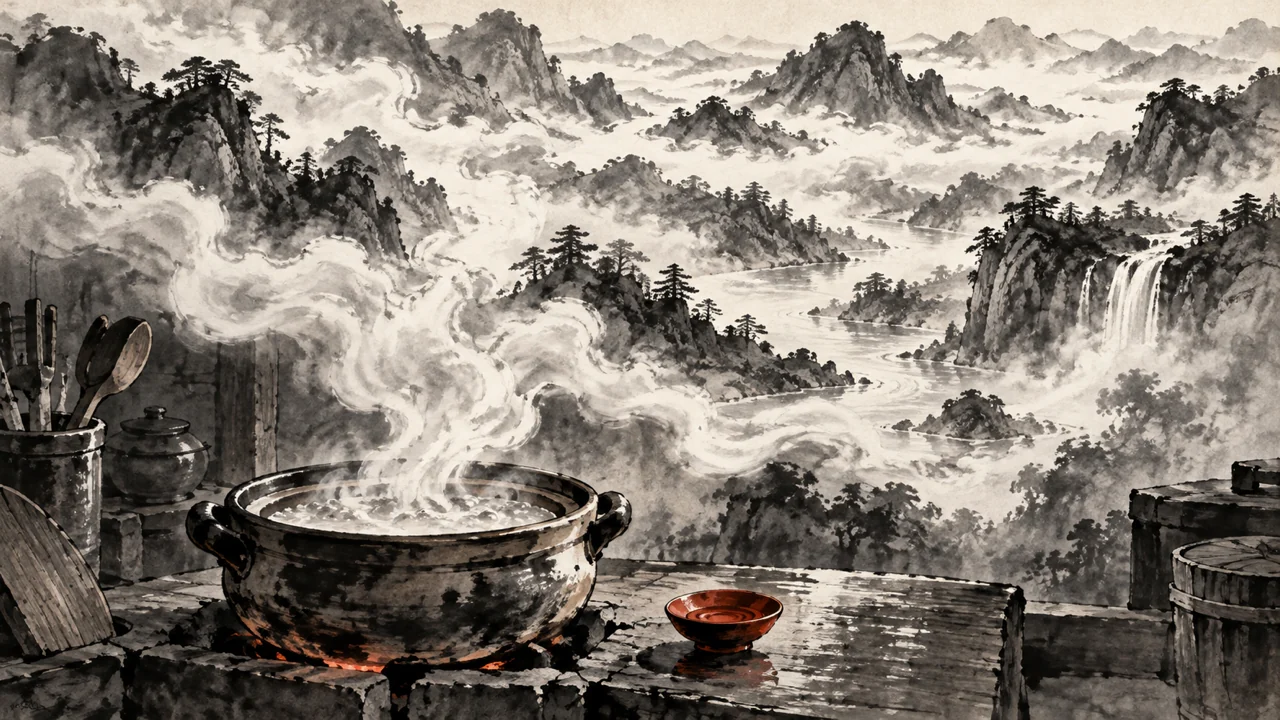 湯気のたつ鍋と朱色の小さな椀。味つけは食べながら足せる、という料理のたとえ。AI生成の墨絵風。文字は描かれていません。