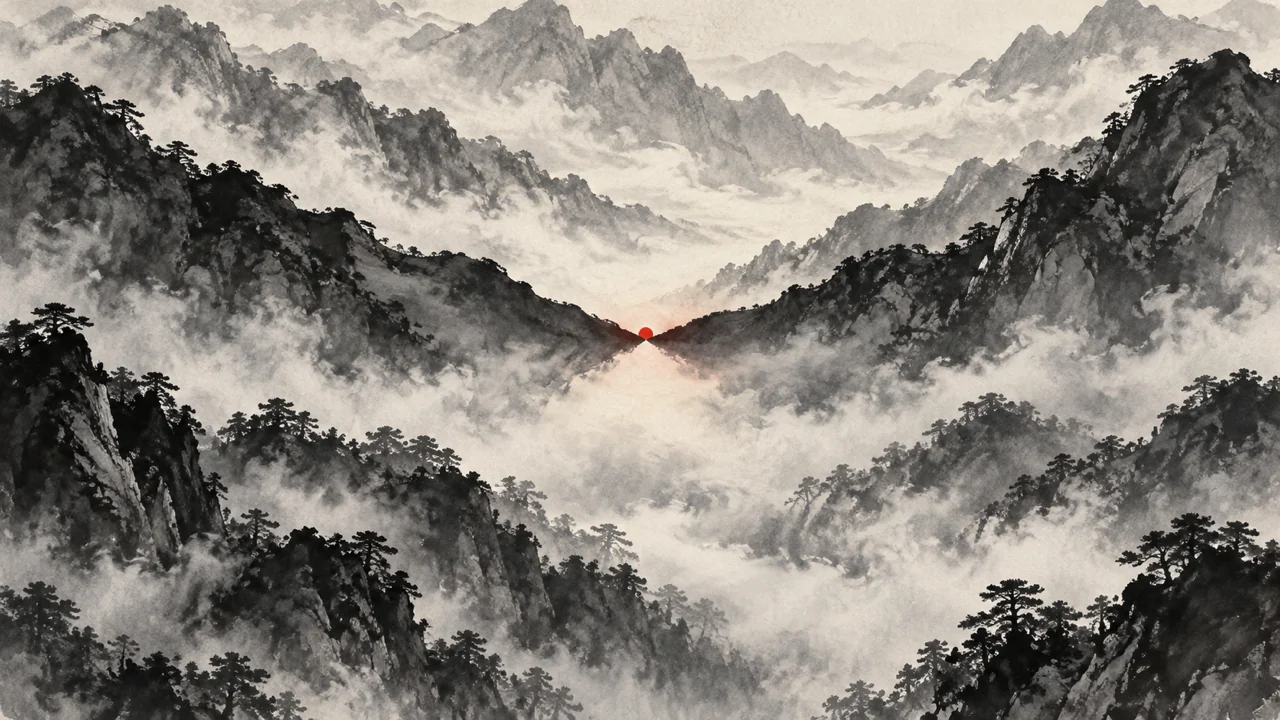 向かい合う山の谷間に、朱色の小さな太陽がのぼる。初対面から握手へ向かう場面のたとえ。AI生成の墨絵風。文字は描かれていません。
