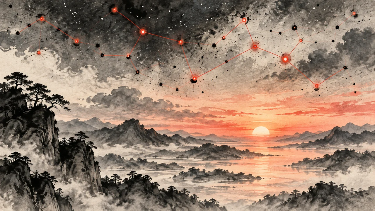 夜明けの空に散らばる墨の星が朱色の線で星座になる。偶然に見えて必然に見える御縁のたとえ。AI生成の墨絵風。文字は描かれていません。
