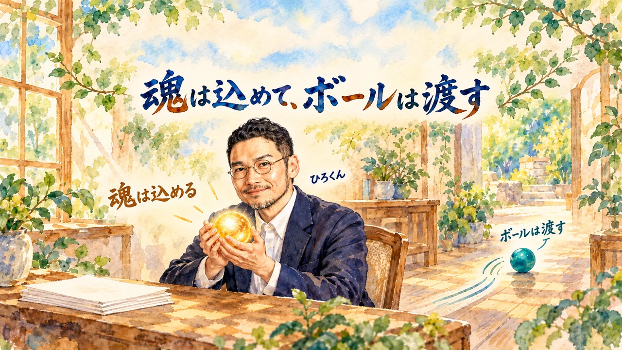 ひろくんが胸の前で金色の球（魂）を両手に抱え、青緑のボール（渡す）が右へ転がる水彩イラスト