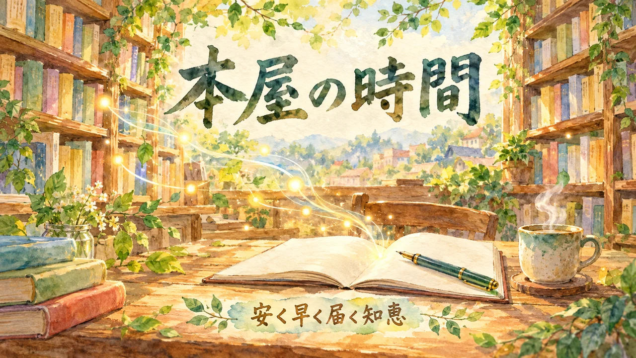 本棚に囲まれた机で、光の粒が風に乗り、開いたノートとペンへ届く水彩イラスト。ラベルは「安く早く届く知恵」