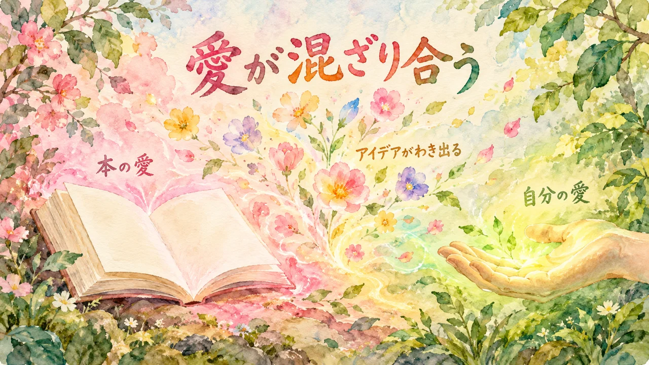開いた本の淡いピンクの光と、差し出した手のひらの黄緑の光が混ざり合い、アイデアの花が咲き上がる水彩イラスト