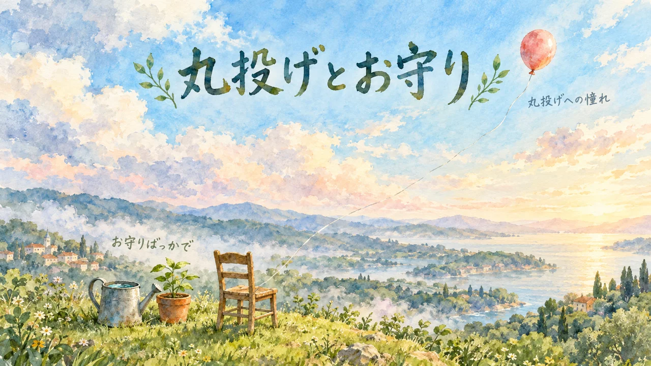 空高く上る風船（丸投げへの憧れ）と、草地に置かれたじょうろ・鉢植え・空の椅子（お守りばっかで）の水彩イラスト
