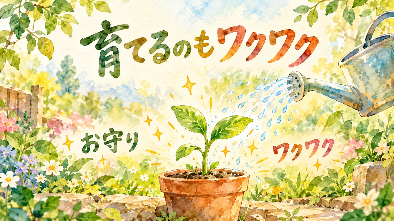 鉢植えの芽にじょうろの水が注がれ、金色の光の粒が弾む水彩イラスト。ラベルは「お守り」と「ワクワク」