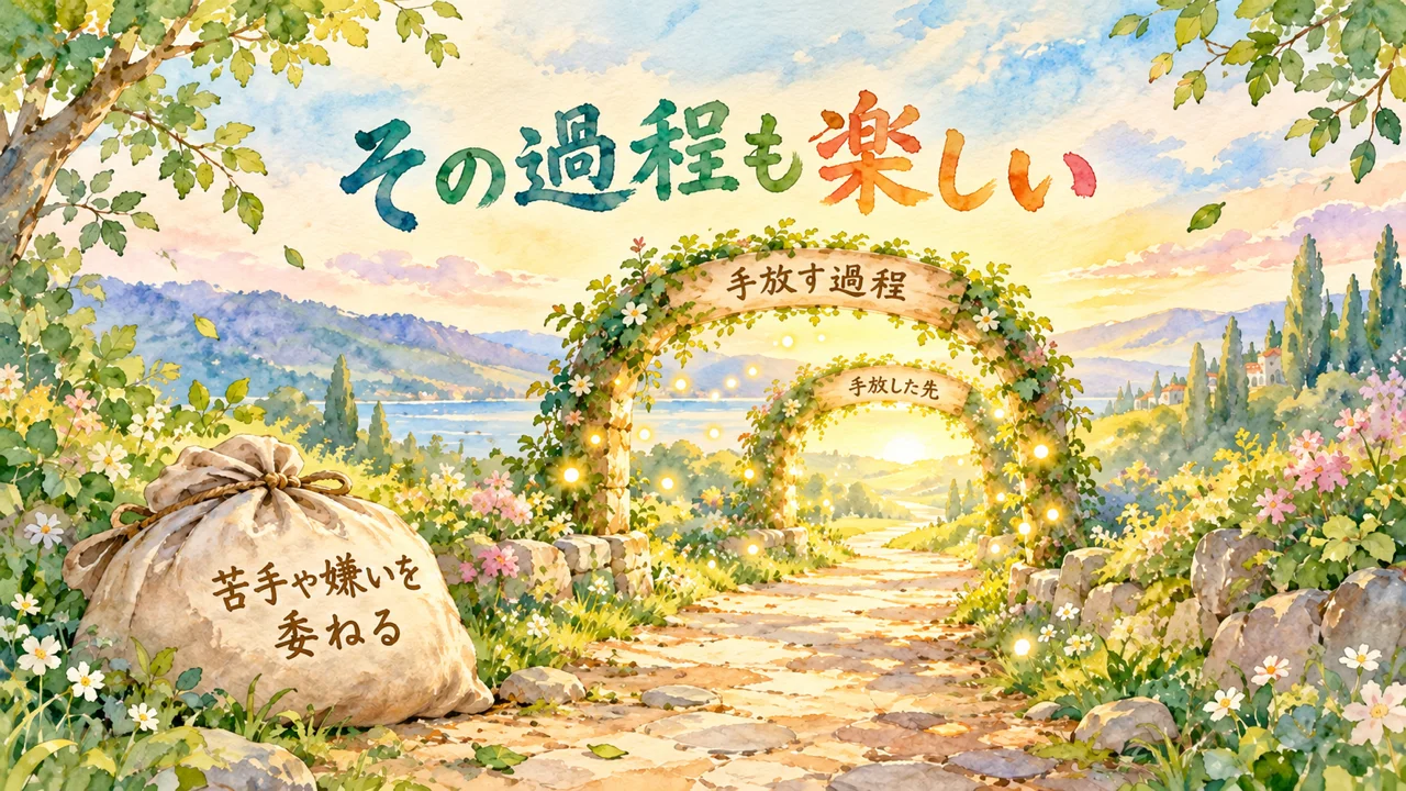 手放した荷物の袋（苦手や嫌いを委ねる）と、手放す過程・手放した先を示す二つのアーチが続く道の水彩イラスト